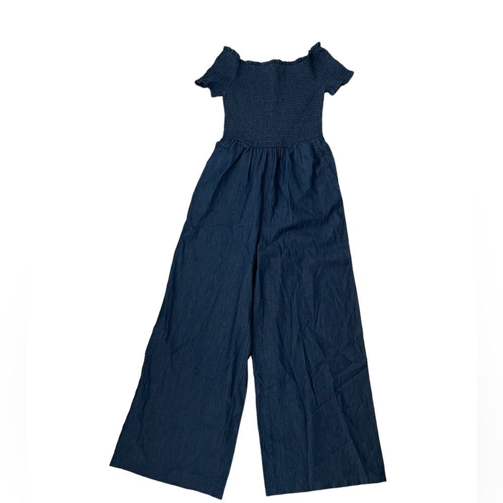 Francesca’s Blue Rain Ellison Chambray Smocked Wide Leg Denim Jumpsuit size S